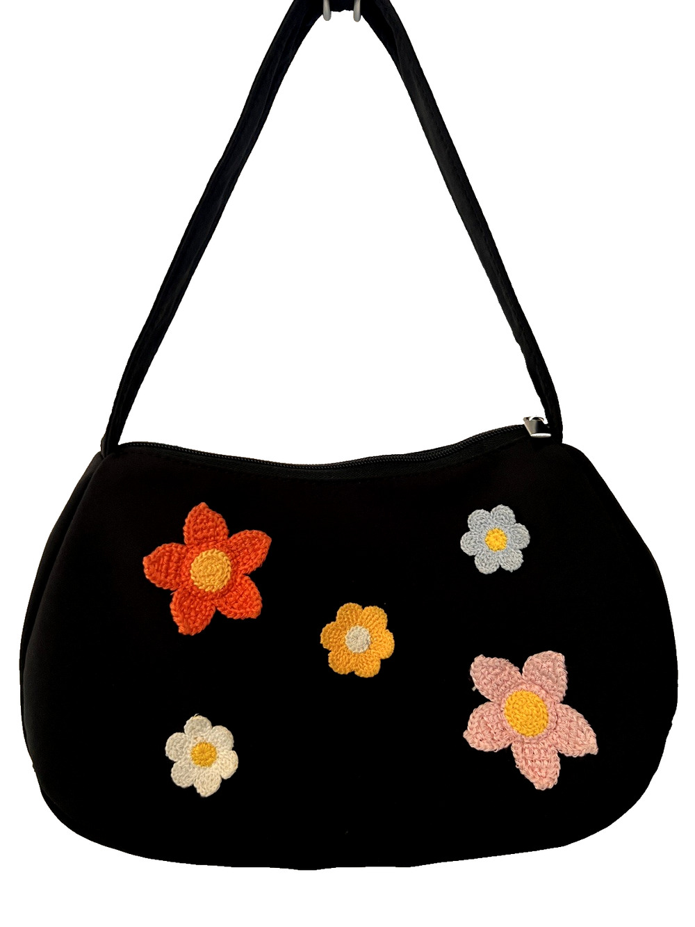 Nice Black Lightweight Crocheted Flowers Hobo Travek Shoulder Bag Zipper Closure